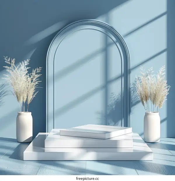 Minimalist Product Stage with Blue and White and Plants