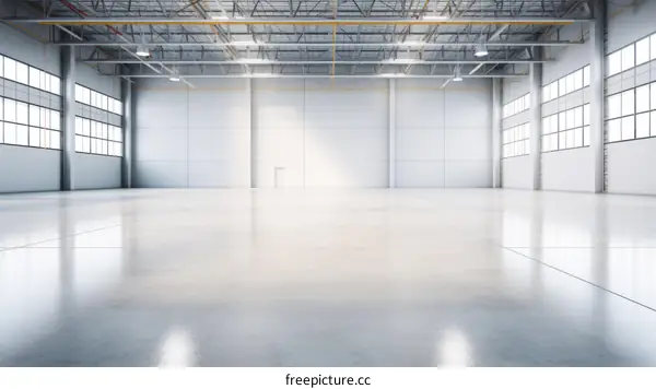 Large empty warehouse with shiny concrete floor and large windows