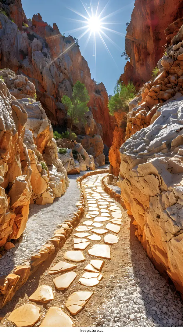 Stone Path Through Canyon With Sun