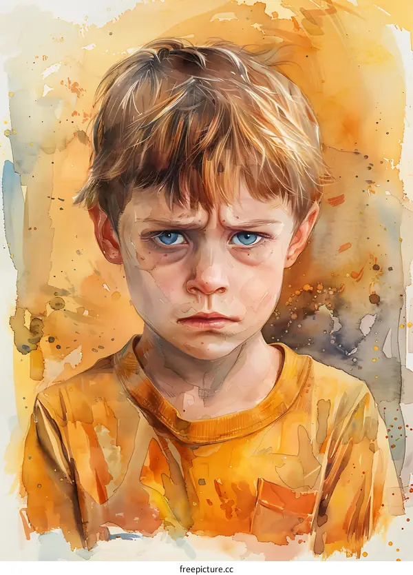 Watercolor Portrait of a Sad Young Boy with Blue Eyes