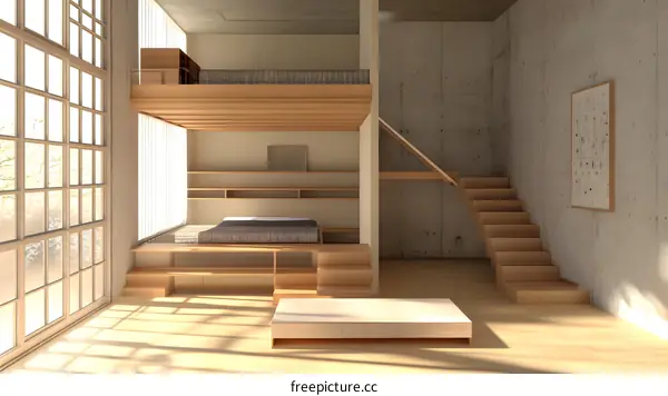 Modern Minimalist Loft Apartment Interior Design with Wooden Stairs and Large Window