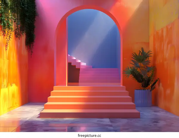 Pink and blue minimal surreal space with stairs and arch