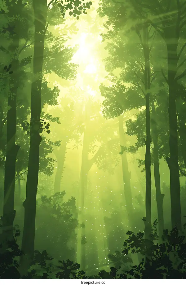 Sunlight Through the Trees in a Lush Green Forest