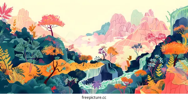Digital Painting of Lush Mountain Landscape With Waterfalls