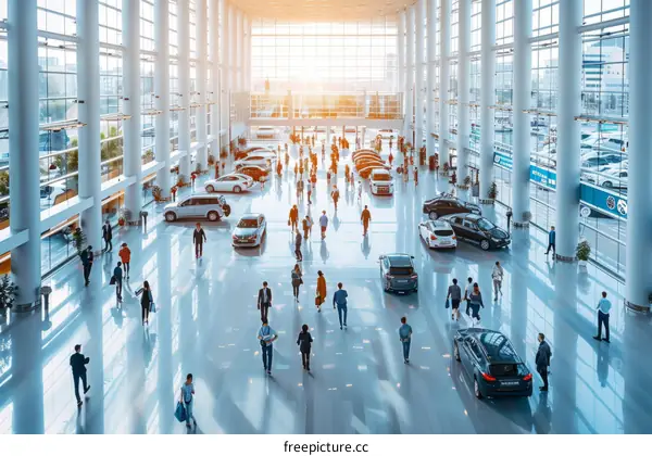 People walking in a large modern car dealership with glass walls and shiny marble floors