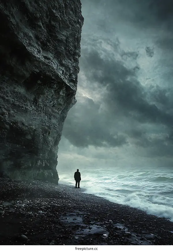 Lonely Man Standing on the Coast Under Cloudy Sky
