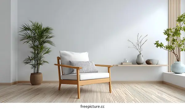 Modern Minimalist Living Room Design with Wooden Chair and Plants
