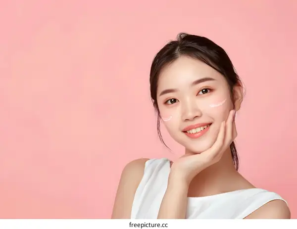 Smiling Asian Woman with Cream on Face