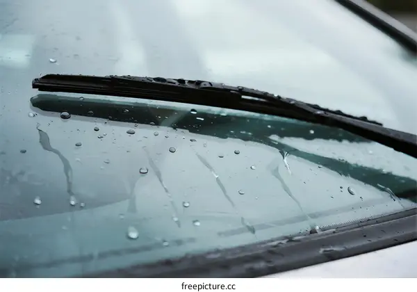 Car Windshield Wiper with Water Drops on Glass Surface