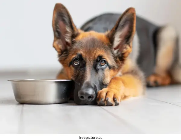 German shepherd puppy dog lying on the floor next to an empty bowl