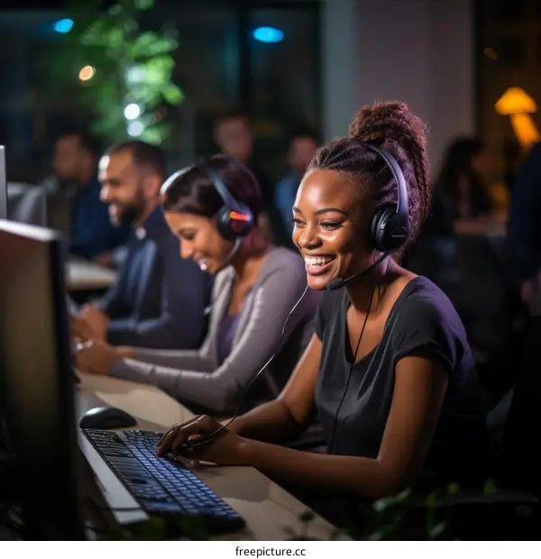 Smiling African American woman wearing headphones uses computer in an office at night