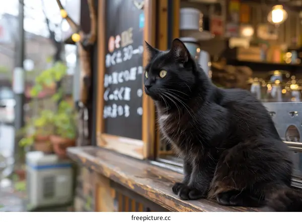 A black cat is sitting on a wooden railing in front of a glass door.