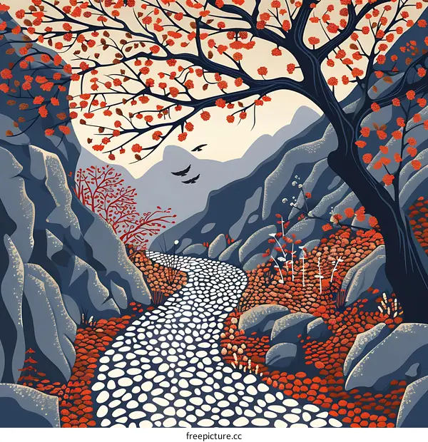 Abstract Illustration of a Winding Path Through a Mountain Landscape