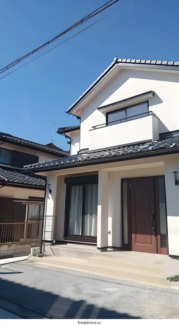 Modern Japanese Style House Exterior with Blue Sky