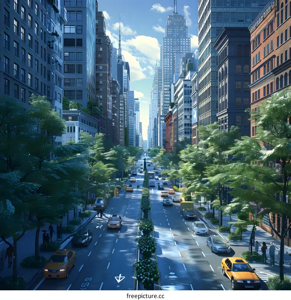 City street with heavy traffic and skyscrapers