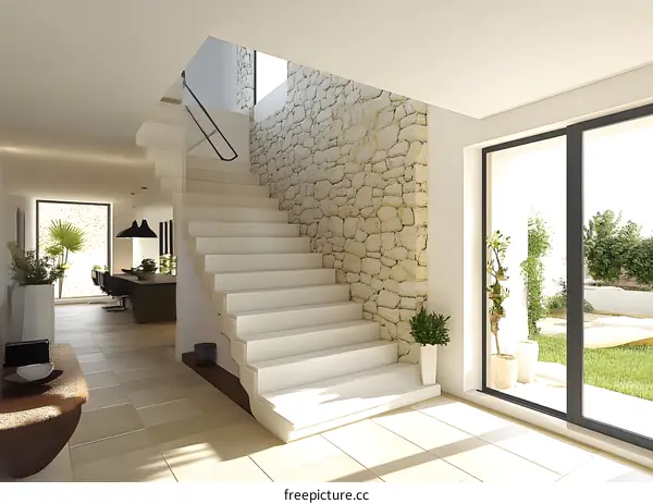 Modern Interior Design with White Stairs and Stone Wall