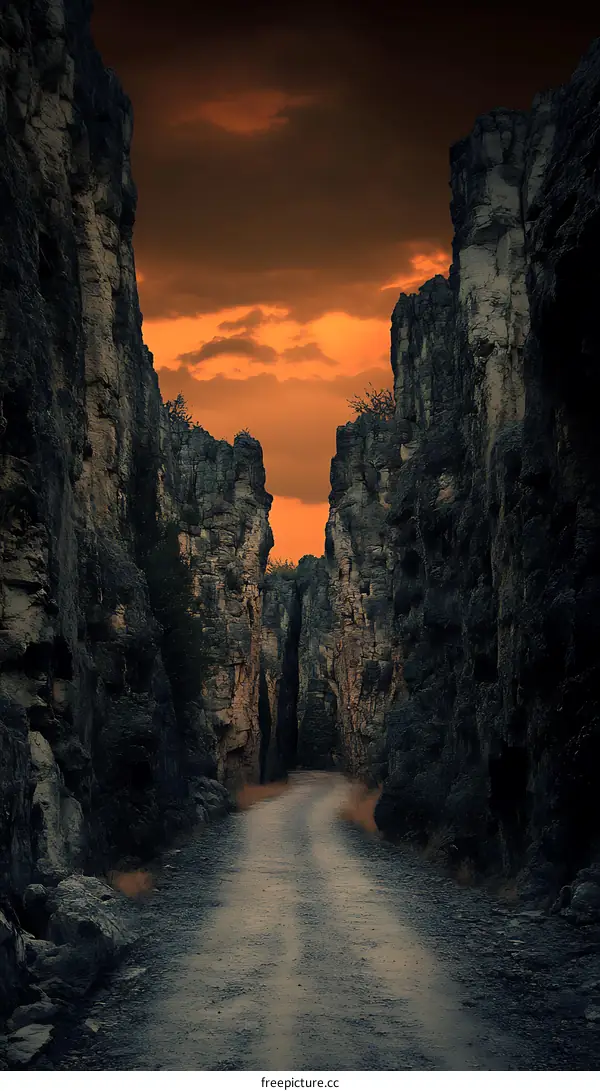 Path Through Canyon With Cloudy Sunset