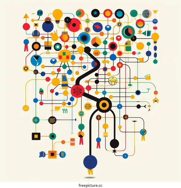 A colorful illustration of a complex network of interconnected circles and lines.