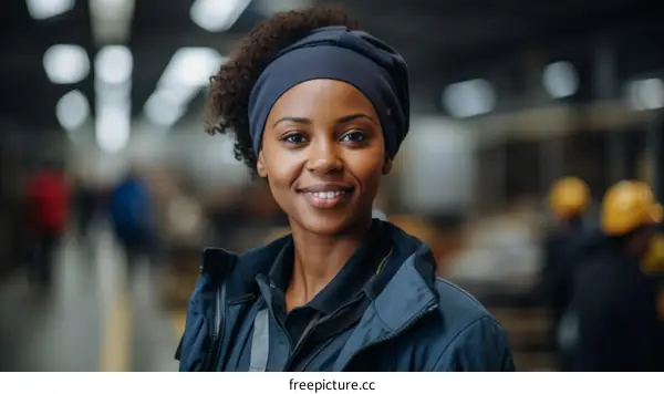 Portrait of a smiling African American woman wearing a blue headscarf in a warehouse