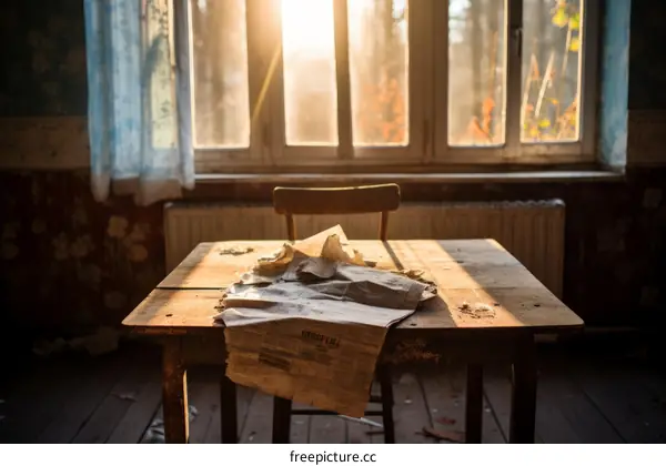 papers on a table with a chair in front of a window