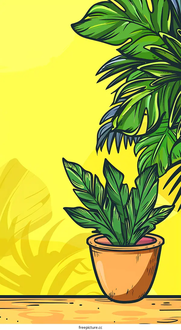 Green Plant In a Pot On Yellow Background