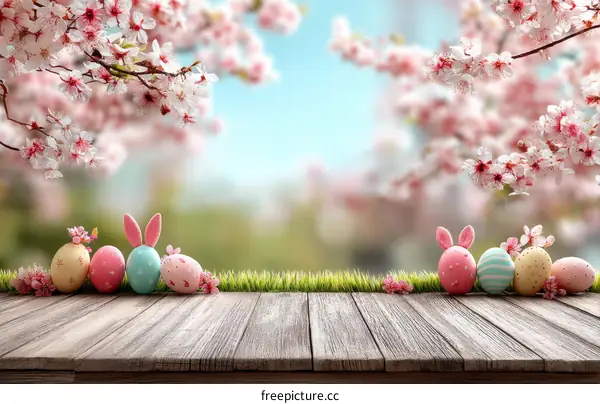 Easter Eggs on Wooden Table with Cherry Blossoms Background