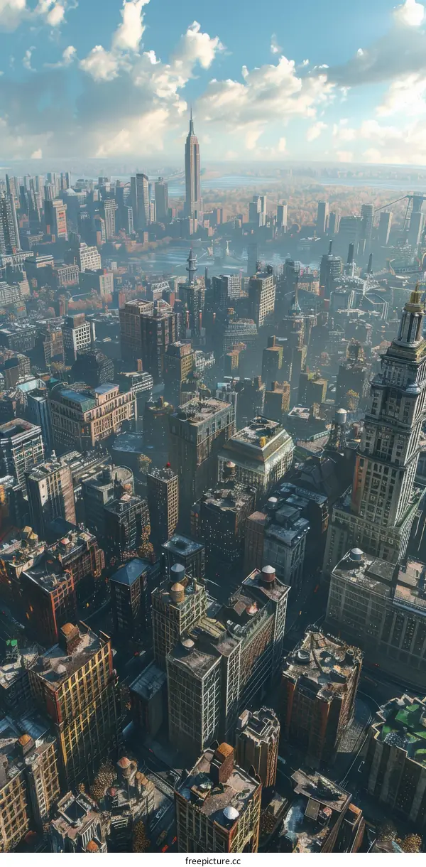 A Metropolis with Towering Skyscrapers and a River