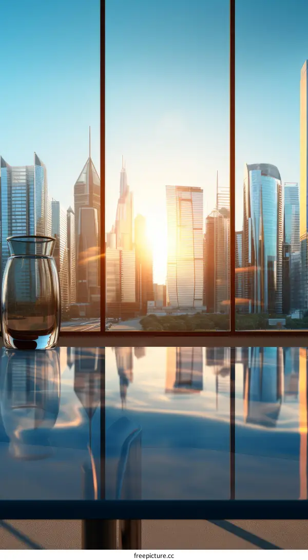 A modern cityscape with a glass vase on a table in the foreground