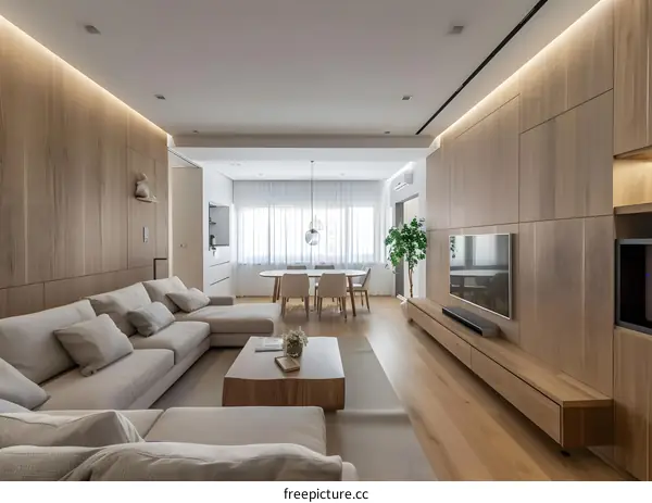 Modern Living Room Interior Design with Wood Paneling and Neutral Colors