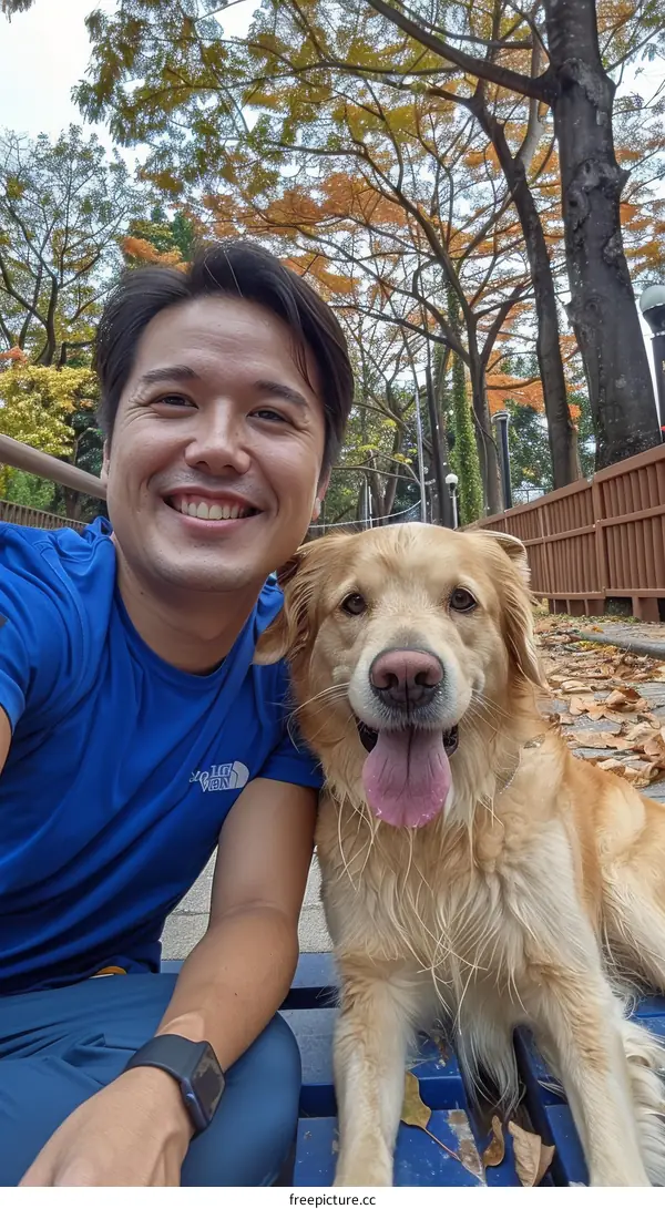 Asian man with a golden retriever in autumn park