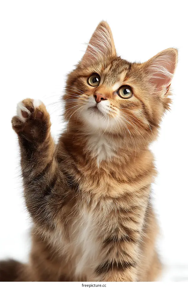 Adorable Kitten Raising Paw Against White Background