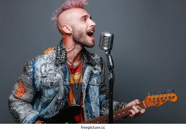 Male musician with pink hair singing into vintage microphone