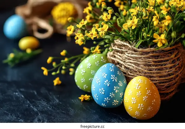 Easter Eggs and Flowers in a Basket