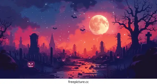 Spooky Graveyard on Halloween Night with Full Moon