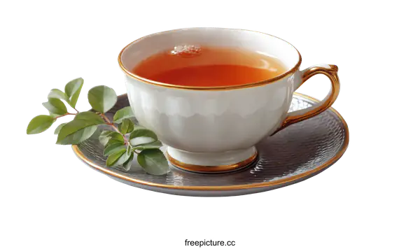 [Transparent Background PNG]Elegant Tea Cup with Aromatic Brew and Fresh Leaves