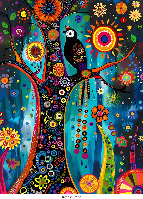 Colorful Abstract Tree with a Bird