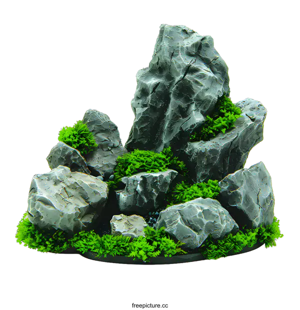 [Transparent Background PNG]Green Moss and Rocks Aquarium Decoration