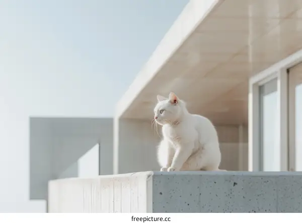 White Cat Sitting on Concrete Railing of Modern Building