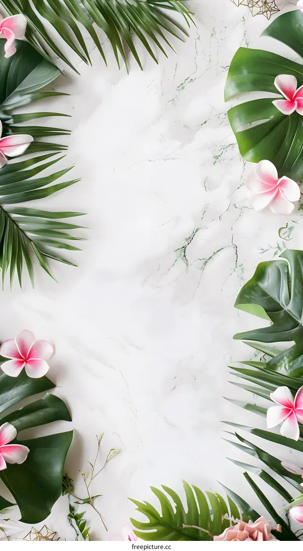 Tropical Leaves and Flowers on White Marble Background