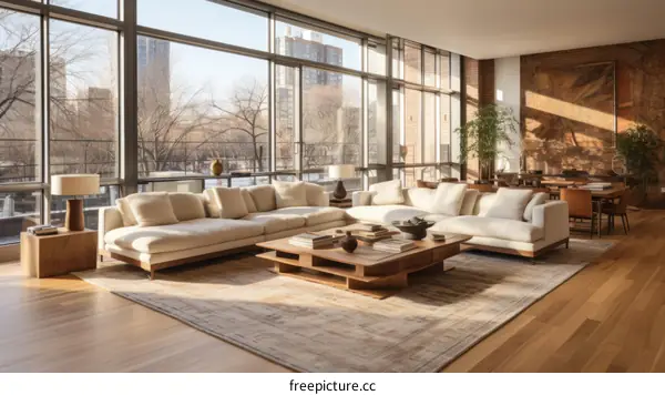 Bright apartment living room with large windows and comfortable seating