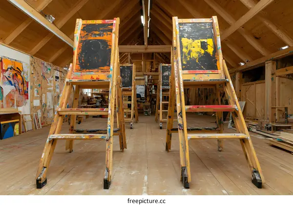 Wooden Easel with Abstract Paint in Art Studio
