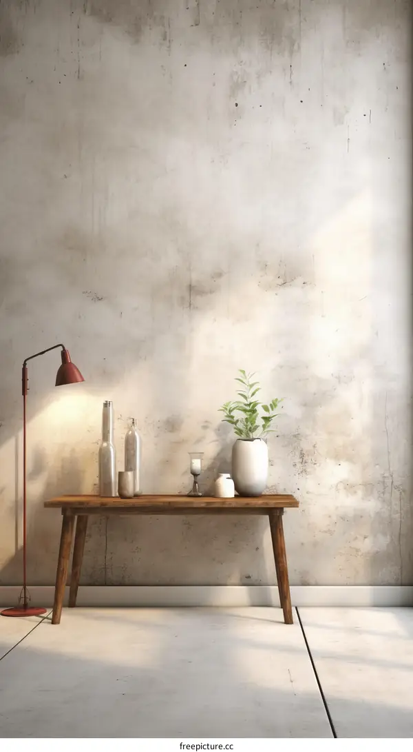 Minimalist interior design with a wooden table, a red lamp, and a vase with a plant