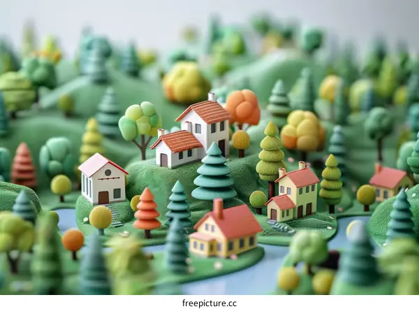 Whimsical Miniature Houses in a Lush Green Landscape