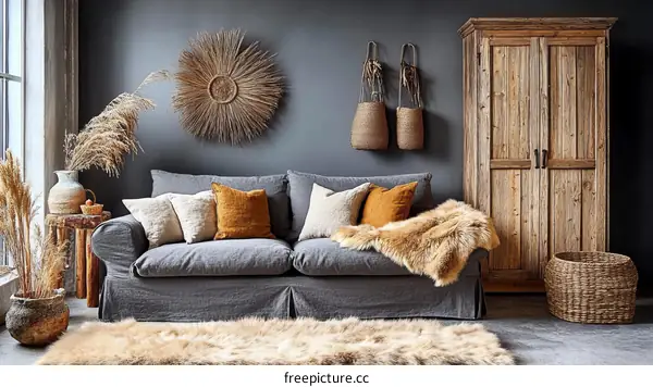 Bohemian Living Room Decor with Rustic Wooden Wardrobe