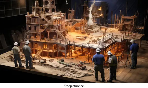 A group of construction workers are working on a miniature model of a city