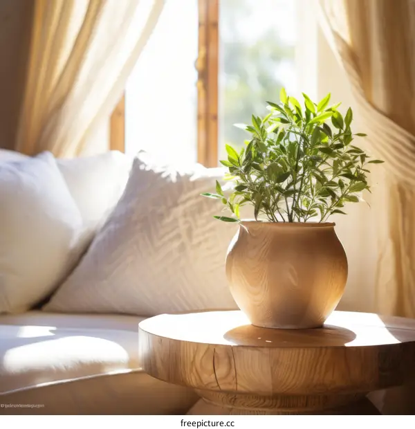 Sunlight shining through the window onto a potted plant