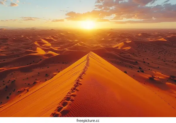 A vast and desolate sand dune landscape with a setting sun