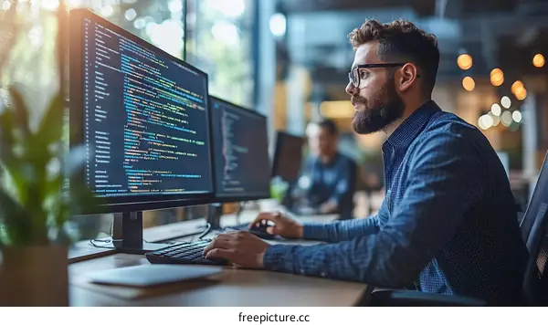 Focused Programmer Working on Coding