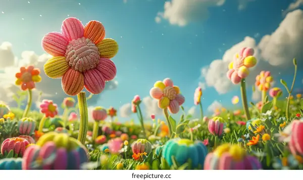 A Field of Whimsical Fabric Flowers Under a Sunny Sky