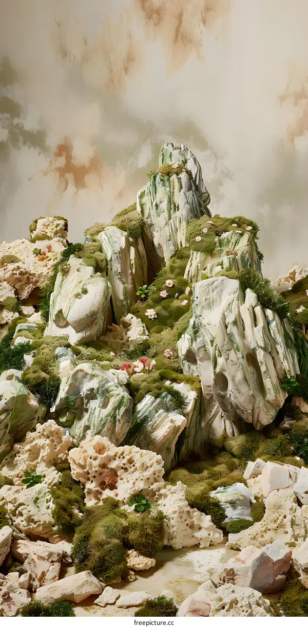 Green Mossy Rock Formations with Sky Background